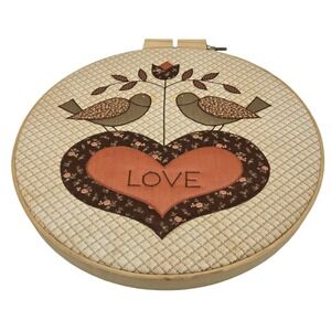 Vintage Handcrafted Love birds fabric wall‎ decor in hoop browns and pink Vtg